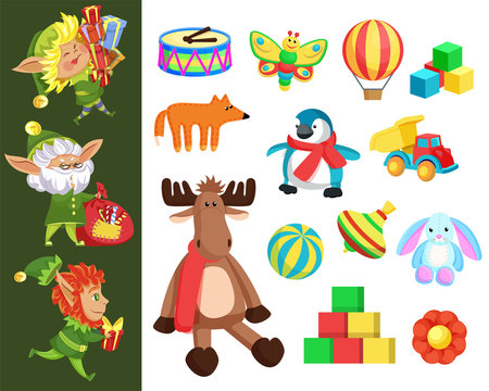 Christmas gifts and elves with presents, Santa helpers and toys. Drum and butterfly, cubes and air balloon, fox and penguin, truck and ball. Whirligig and flower, moose and bunny vector illustration
