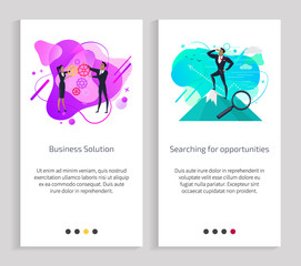 Searching for opportunities vector, businessman and woman interacting and working on project together, business solution, male on peak of mountain. Website or app slider, landing page flat style