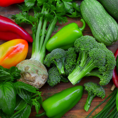 Healthy and organic vegetables assortment on wooden table
