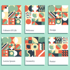 Colorful geometric shapes in motion background set. Applicable for gift card,cover,poster. Poster design. Retro covers set. vector illustration