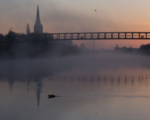 Naklejka premium An atmospheric sunrise on the banks of the Leie in Wervik, Belgium.