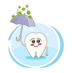 Funny cartoon tooth character holding umbrella protected from germs. Design for print, emblem, t-shirt, children's dentistry.