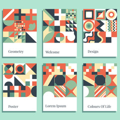 Colorful geometric shapes in motion background set. Applicable for gift card,cover,poster. Poster design. Retro covers set. vector illustration