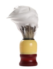 Traditional shaving brush with fur, bristles and foam isolated on white background