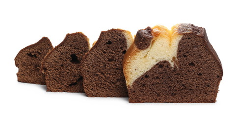 Vanilla and cocoa cake, bread slices isolated on white background