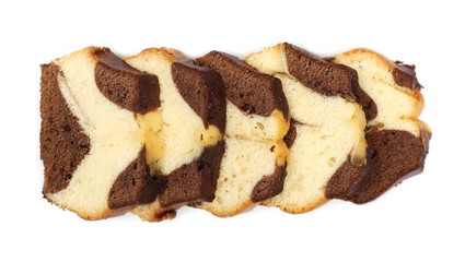 Vanilla and cocoa cake, bread slices isolated on white background, top view