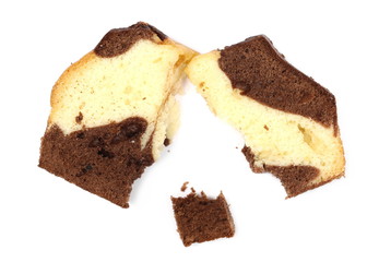 Vanilla and cocoa cake, bread slices isolated on white background, top view