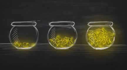 Three glass jars with different amount of coins inside