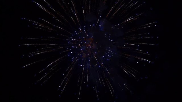 multiple willow and peony fireworks explode in colorful light cascades in night sky closeup slow motion