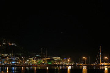 Panoramic night view of the waterfront in the city of Nauplia