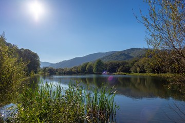 Lake in Skole, view of mountains, Ukraine.