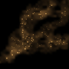 Golden smoke with glitter shiny effect. Abstract background with light glowing particles, stars, fractal fog. Gol on black. Vector illustration © Amarylle