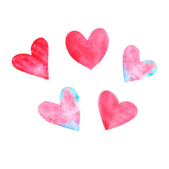 Set of pink red and blue watercolor hearts. Perfect for creating romantic postcards and Valentines Day decor. Hand drawn. Isolated on white background