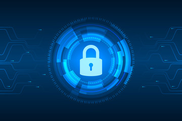 Cyber security illustration, lock icon on circuit line, light graphic on blue background.
