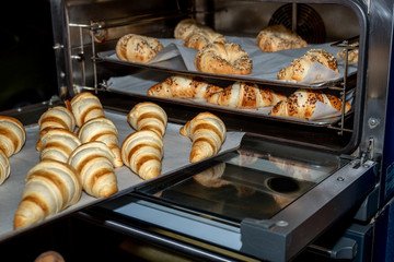 Freshly baked croissants in a bakery in Madrid, Spain