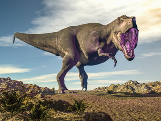 Tyrannosaurus rex raoring in the desert - 3D render