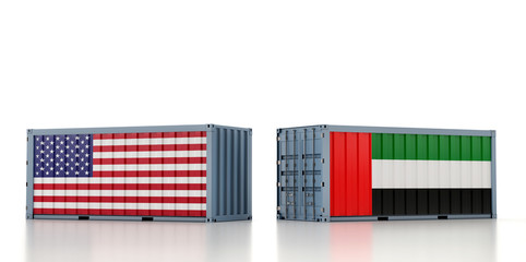 Freight container with United Arab Emirates and USA national flag. 3D Rendering