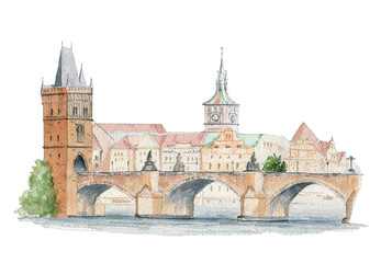 Fototapeta na wymiar The Charles Bridge. Prague. Handpainted watercolor illustration isolated on a white background.