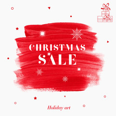 Christmas Sale sign over bright red holiday art acrylic paint abstract background. Creative paint shop poster.