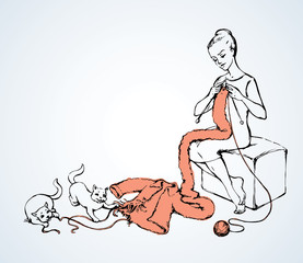 Woman overdone with knitting. Vector sketch drawing