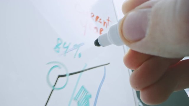 Macro Follow Shot of a Blue Marker Pen Being Held with a Hand. Person Drawing Graphs on a Whiteboard. Pencil is Connected to the Camera. Gripped Shot. Sketching with Fineliner.