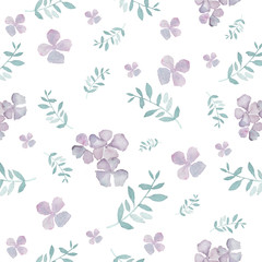 Fototapeta na wymiar Tender floral seamless pattern. Hand drawn, watercolor. Isolated on white background. Hydrangea flowers and leaves background. Design for textile, wallpaper, gift paper, holidays. Spring. Summer.