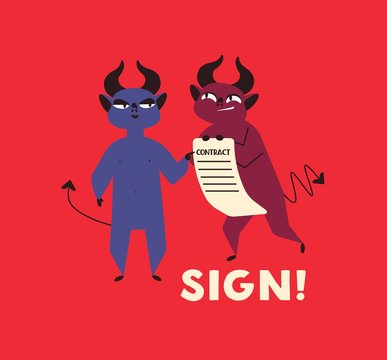 Contract with devil flat vector illustration. Signing agreement with satan. Horned monster offering dangerous treaty. Deceitful business deal, fraud concept. Selling soul to devil metaphor.