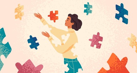 Self healing, recovery flat vector illustration. Woman assembling herself cartoon character. Girl feeling incomplete, looking for fitting puzzle pieces. Mental rehabilitation, psychotherapy concept. - obrazy, fototapety, plakaty