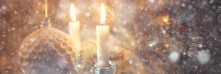 Christmas candles decoration card, New Year, table decorations, burning candles and Christmas tree branches