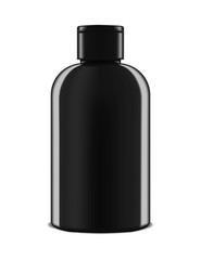 Black cosmetic bottle with flip cap isolated on white background, realistic mockup. Men lotion container, vector mock-up