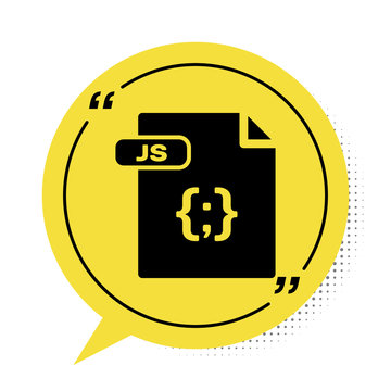 Black JS file document. Download js button icon isolated on white background. JS file symbol. Yellow speech bubble symbol. Vector Illustration