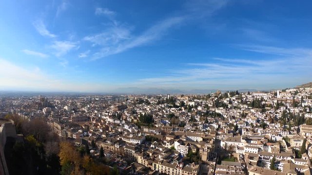 Panning view of Alhambra Place and historic Albaicin district. Granada, Andalusia, Spain. Pamoramic shot, 4K.