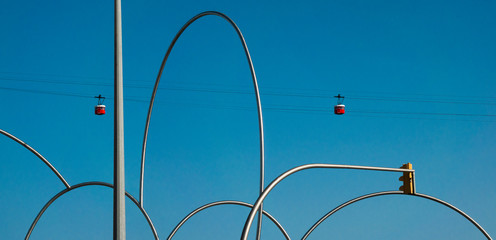 Montjuic's Teleferic cable car in Barcelona, Catalonia, Spain against the blue sky