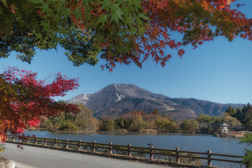 Fototapeta na wymiar 滋賀県米原市の三島池の秋景色と伊吹山を望む