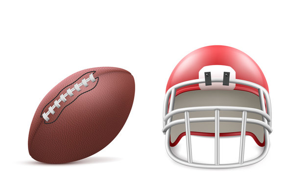 Rugby ball and red helmet with facemask and pad isolated on white background. Vector realistic set of sport equipment for american football