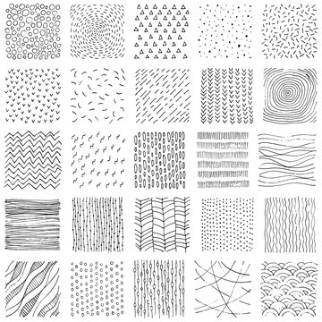 Set Of Square Texture In Doodle Style. Handwork In Pencil On Paper. Vector Illustration.