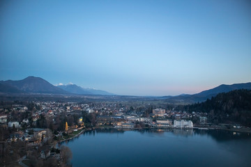 Fototapeta na wymiar Sunset view of Bled from the Bled Castle