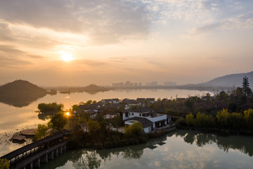 Fototapeta premium village with xianghu lake