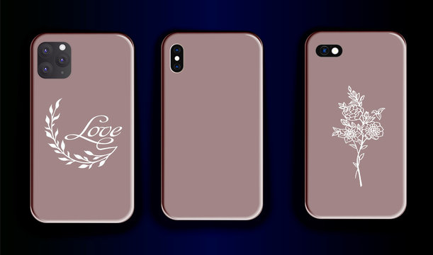 Vector set template - smartphone cases with stylish print design. Vector mock up smartphone. Beautiful botany prino style - bouquet and twig