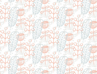 Abstract aesthetic seamless pattern with abstract shapes and leaves in pastel beige and white color background. Sketch textile, background, wrapping paper design, packaging.