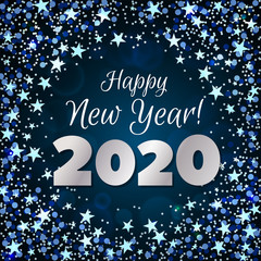 Happy New Year 2020 greeting banner. Festive background with colorful confetti, party popper and sparkles. Vector