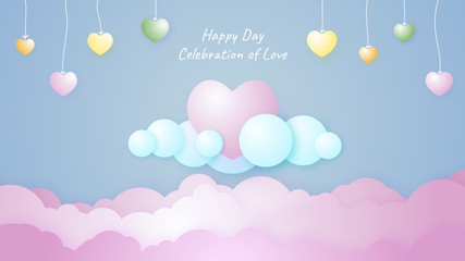 Valentine day greeting card with pink heart color above the clouds. Love card for valentine.