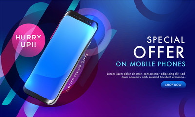 Web banner or horizontal template design with special offer on mobile phones for Advertising concept.