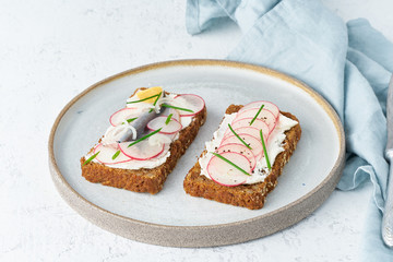 Savory smorrebrod, two traditional Danish sandwiches. Black rye bread with anchovy, radish, eggs, cream cheese on grey plate on white stone table, side view