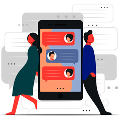 Couple chatting on a big smartphone. Messaging concept.  Vector illustration