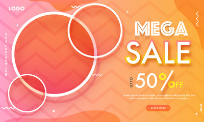 Mega Sale web banner design with 50% discount offer and empty circular frame given for your product image on wavy striped pattern background.