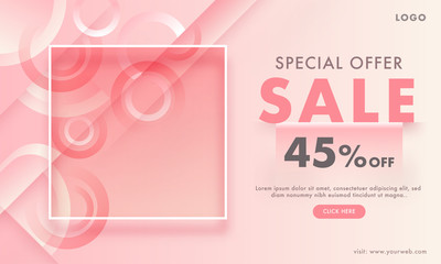 Sale web banner design with 45% discount offer and empty square frame given for your image on pink abstract background for Special Offer.