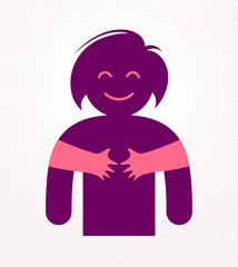 Loved woman with care hands of a lover or friend hugging her around from behind, vector icon logo or illustration in simplistic symbolic style.