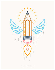 Pencil with wings launching like a rocket start up, creative energy genius artist or designer, vector design and creativity logo or icon, art startup.