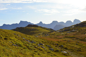 Hike through the mountains on Lofoten Islands in Norway